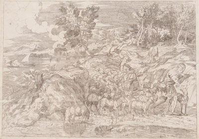 Titian etching from 1682 Landscape, Shepherd playing the flute, leading flock